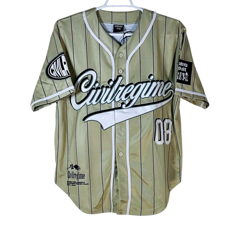 Civil Regime Baseball Jersey‎ Men's Large Sand #08 Short Sleeve Button Front